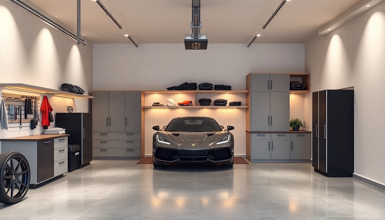 Explore custom garages with innovative storage solutions and contemporary designs in a spacious layout.