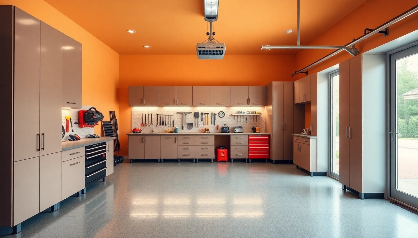 Create custom garages with elegant storage solutions, showcasing a well-designed interior and functional workspace.