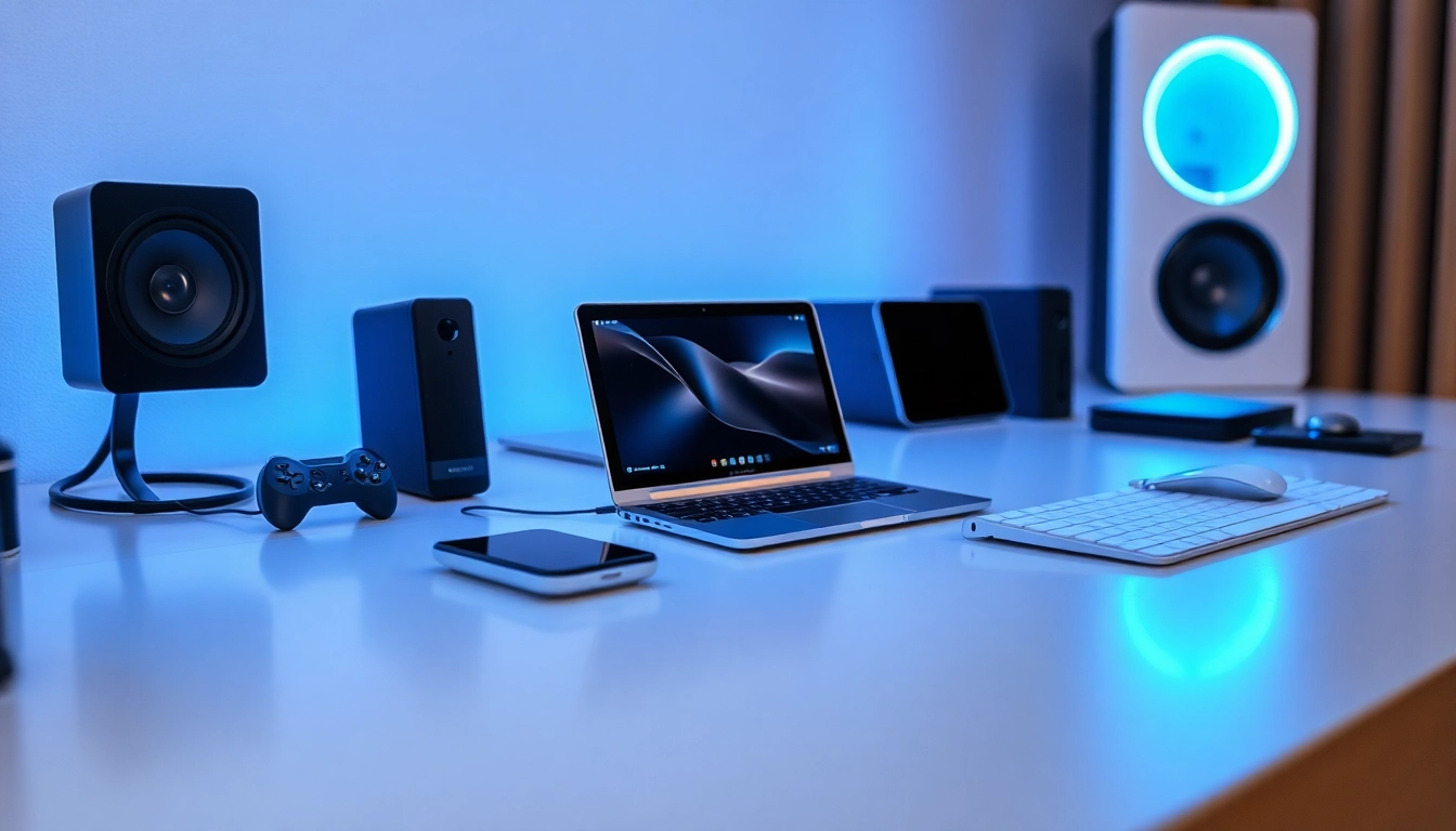 Showcasing innovative tech gadgets on a modern desk with blue lighting and sleek design.