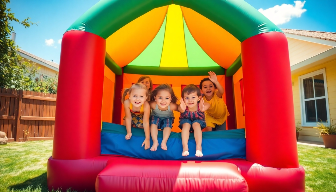 Children joyfully playing in a colorful Bouncing House under bright sunlight.