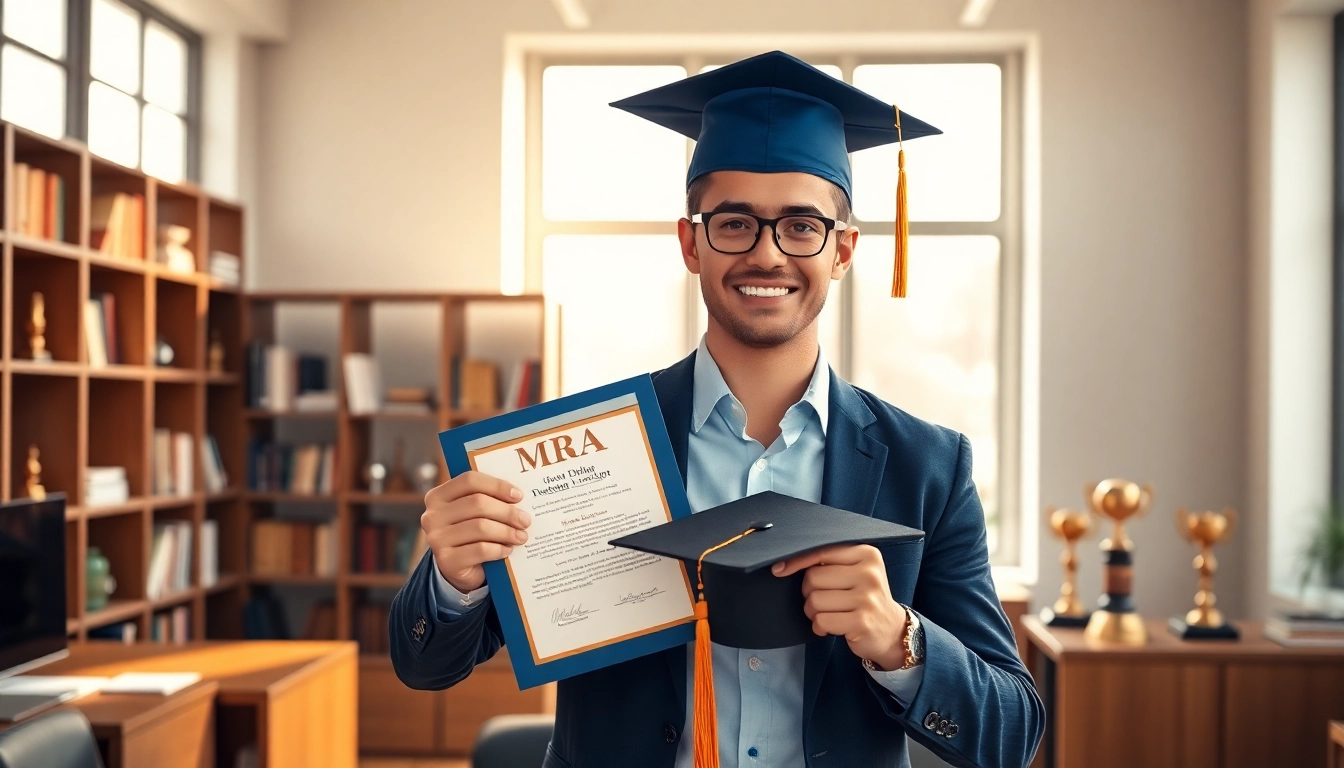 Learn how to buy MBA degree with a confident professional holding a diploma in a modern office.