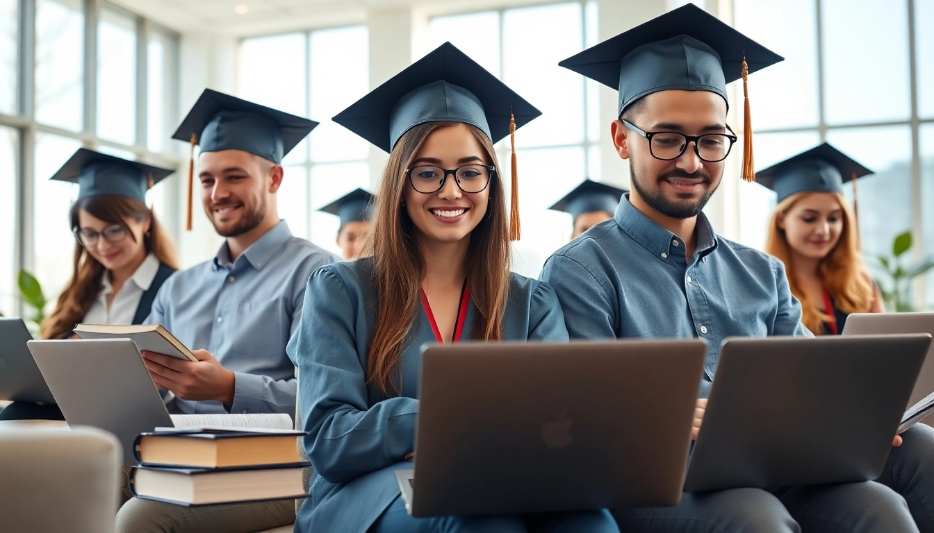 Engaged professional graduates studying for their buy distance learning masters degree in a bright, modern office.