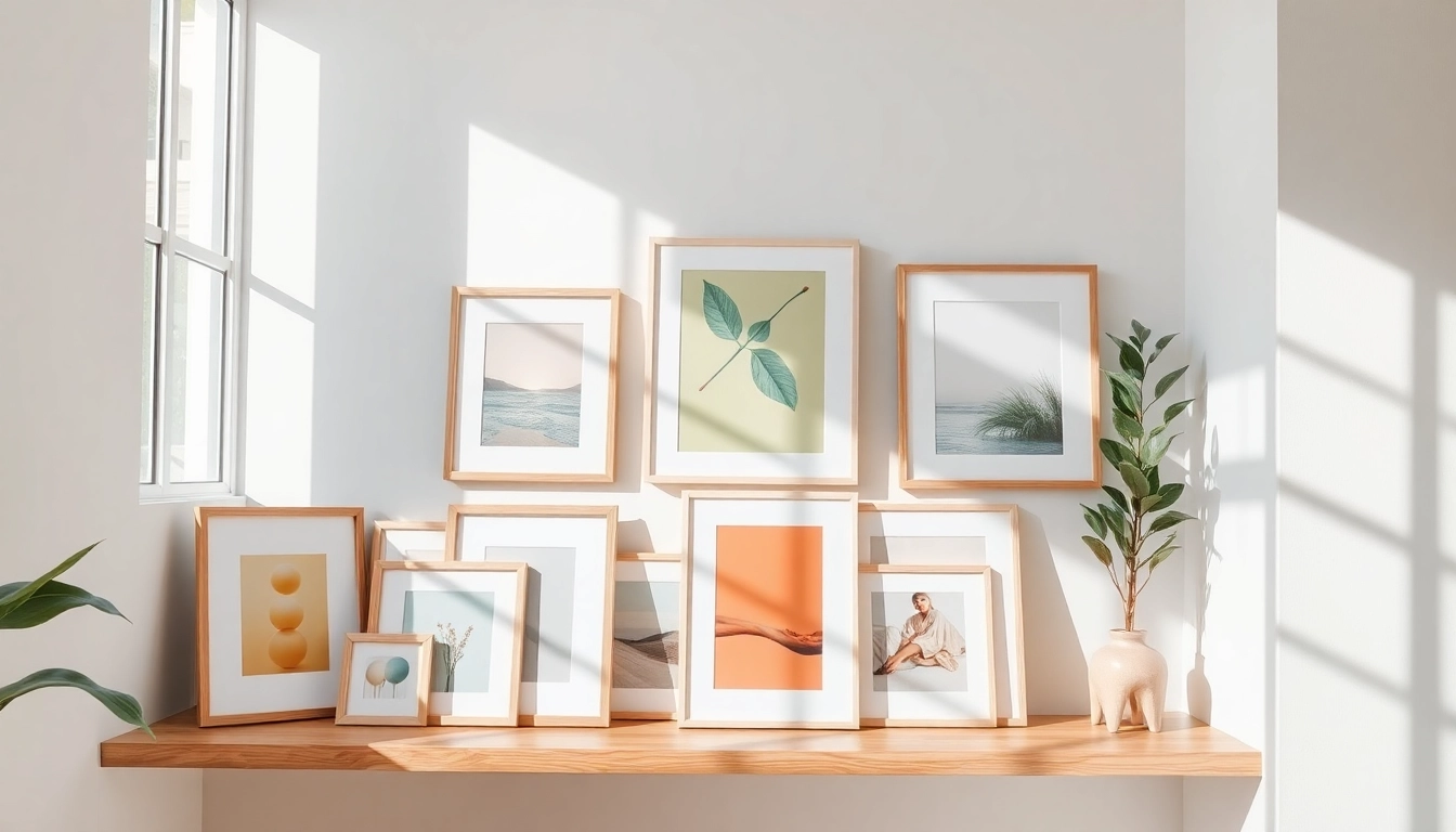 Showcasing modern design picture frames on a stylish wooden shelf with vibrant artworks.