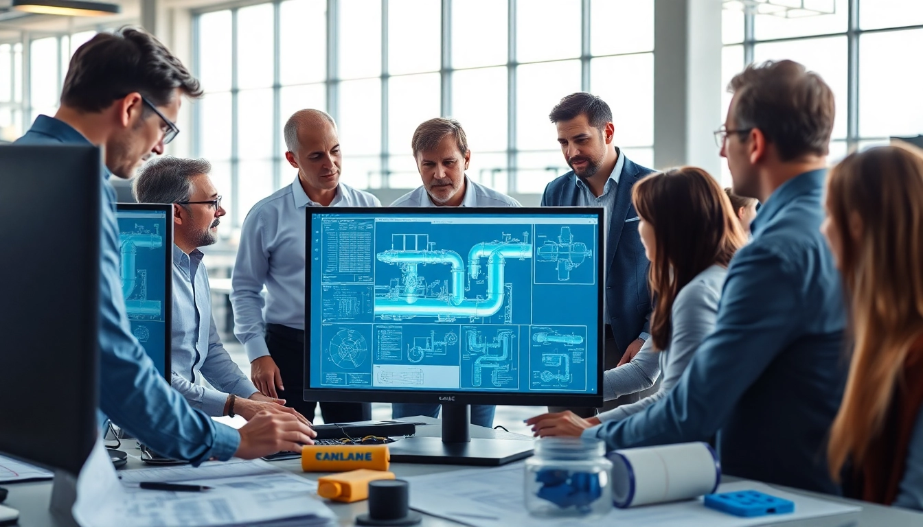 Engineers conducting a pipe stress analysis in a professional environment showcasing expertise and collaboration.