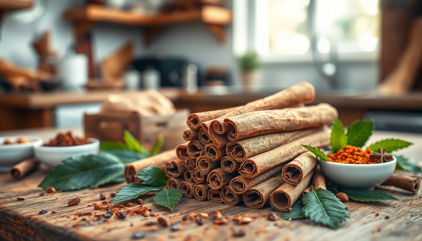 Cinnamon Bark beautifully arranged on a wooden table with spices and leaves, evoking warmth.
