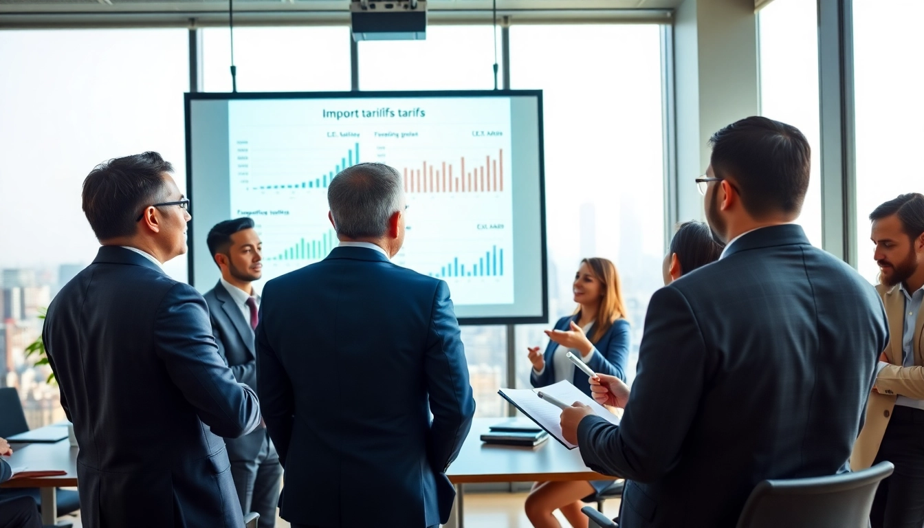 Analyze import tariffs China with professionals reviewing data in a modern office setting.