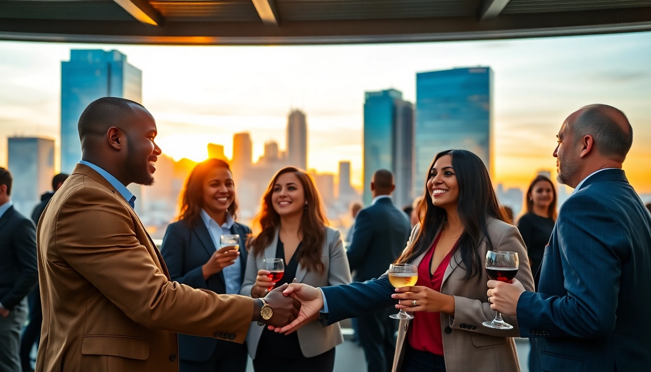 Networking professionals engaging in collaboration at a vibrant urban event.