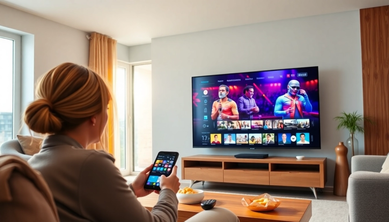 Experience an iptv demo account in a modern living room showcasing vibrant streaming content.