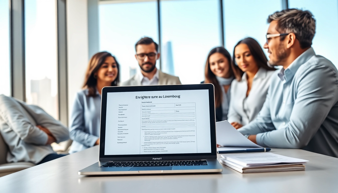 Process for enregistrer une société au Luxembourg with business professionals discussing key documents.
