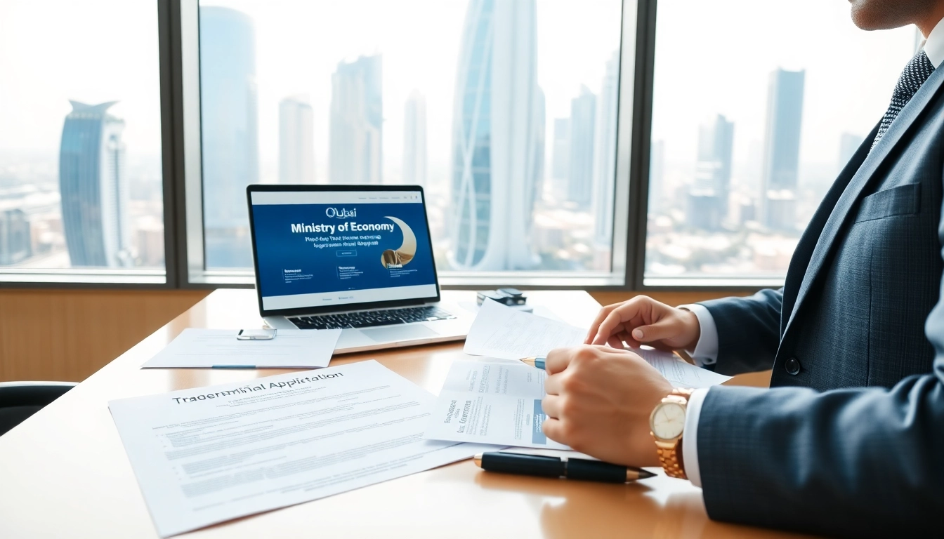 Informative trademark registration in Dubai in a professional legal setting with branding documents.