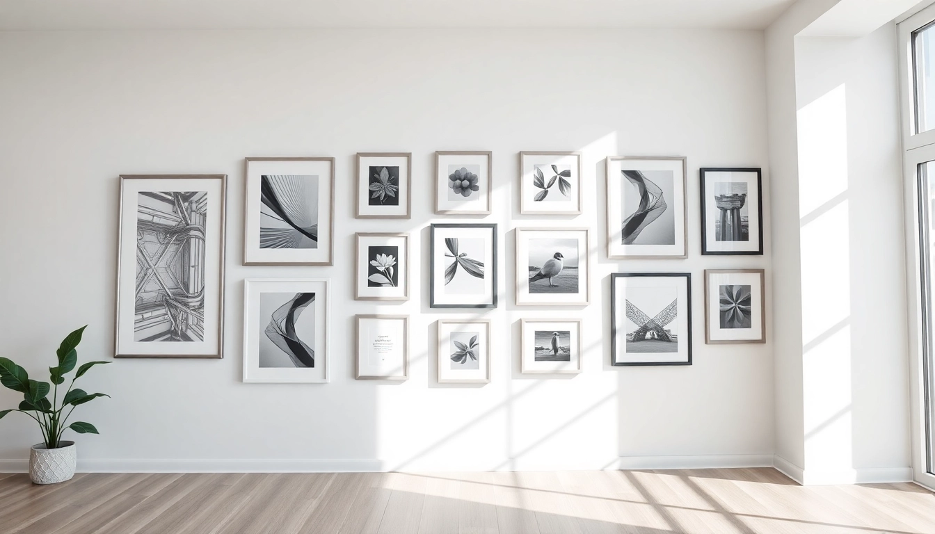 Display modern design picture frames in a bright, airy room showcasing art and photographs.