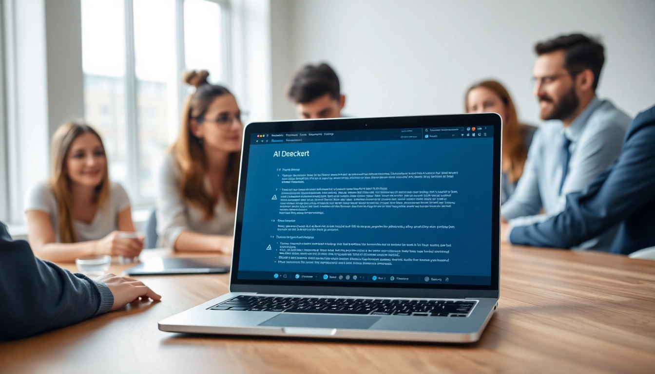 Engaging professionals using an ai checker tool to analyze text quality on a laptop.