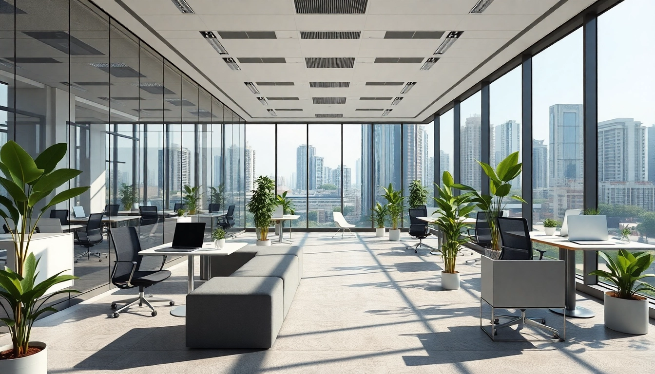 Discover a vibrant commercial space for rent in Bangalore, featuring modern office design and city views.