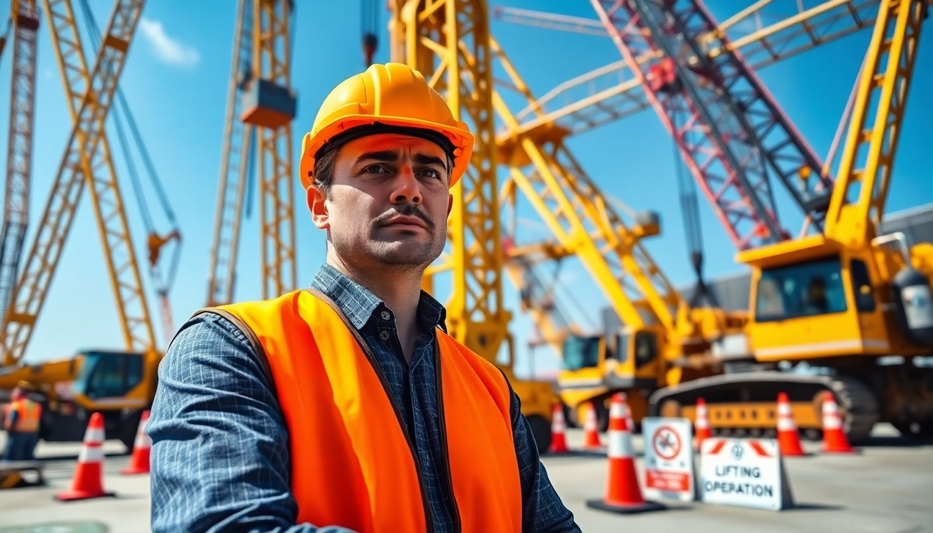 Operator effectively executing level 5 nvq diploma in controlling lifting operations answers amid a busy construction site.