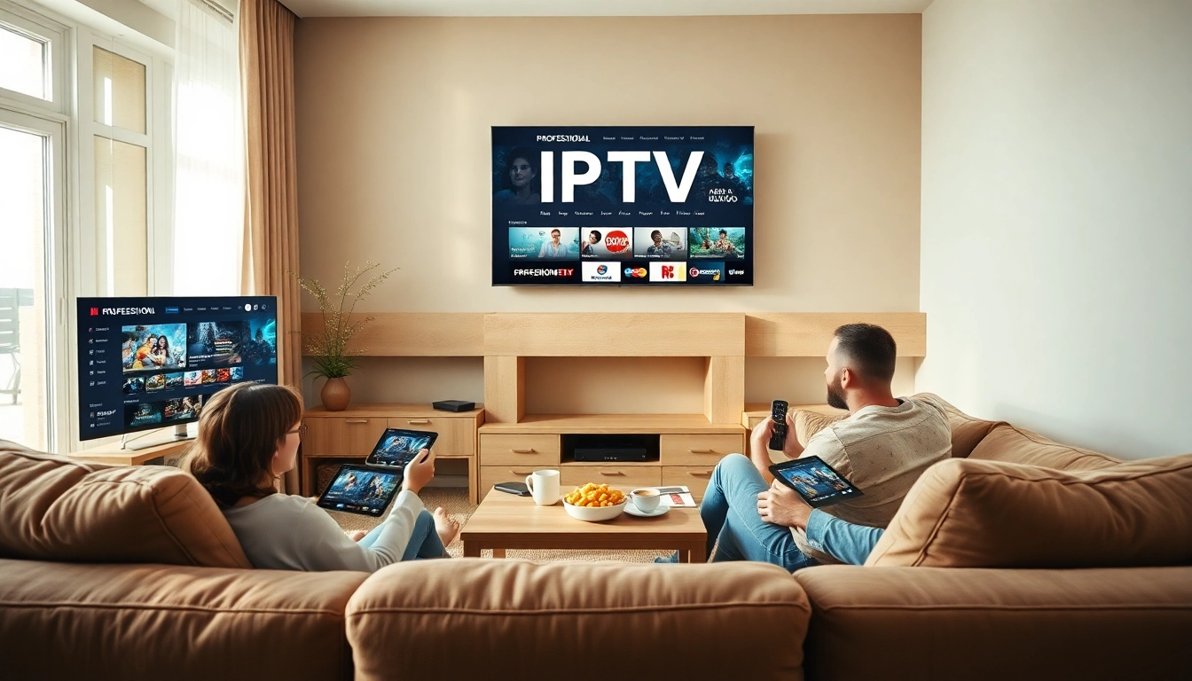 Showcase IPTV Subscription on multiple devices in a cozy family living room setting.