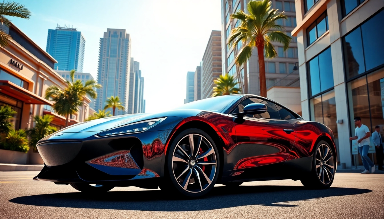 Admiring a perfect car parked in a vibrant urban environment, showcasing modern elegance.