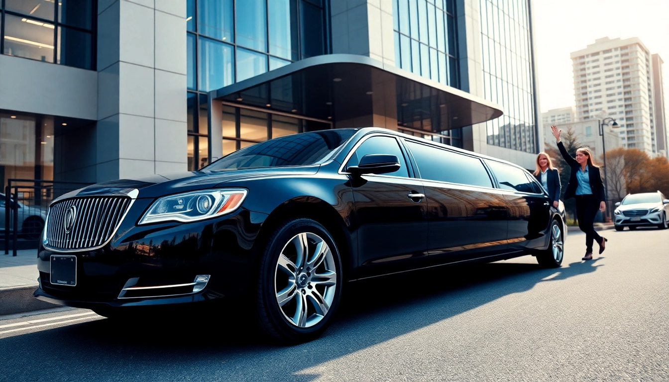 Experience corporate event transportation services with a sleek limousine at a modern conference center.