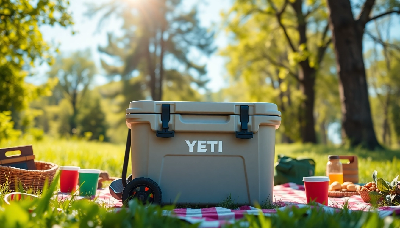 Yeti Roadie 15 cooler showcased at a picnic, featuring vibrant outdoors and essential gear.