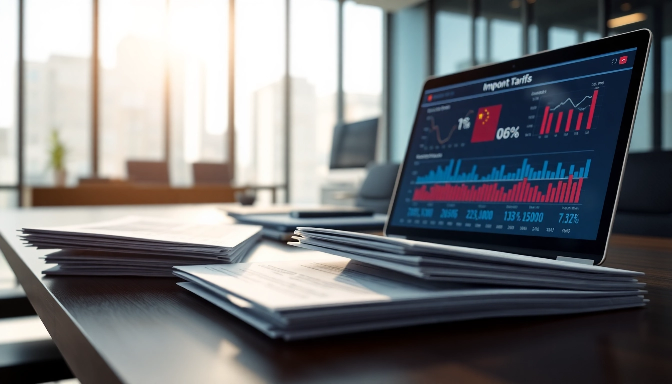 Analyze import tariffs china featuring financial reports and tariff graphs in a professional setting.