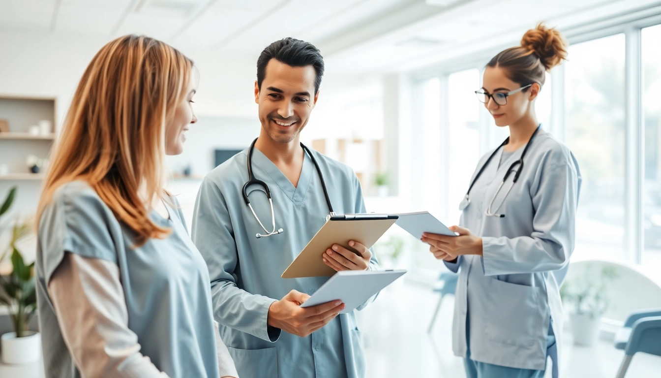 Engaged healthcare professionals providing essential Health Care support Service in a modern clinic.