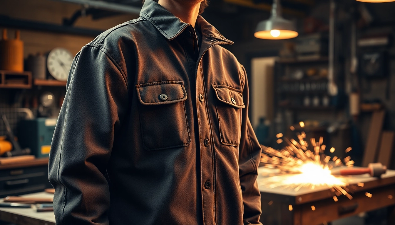 Welding jacket displayed prominently against industrial tools highlighting its protective features.