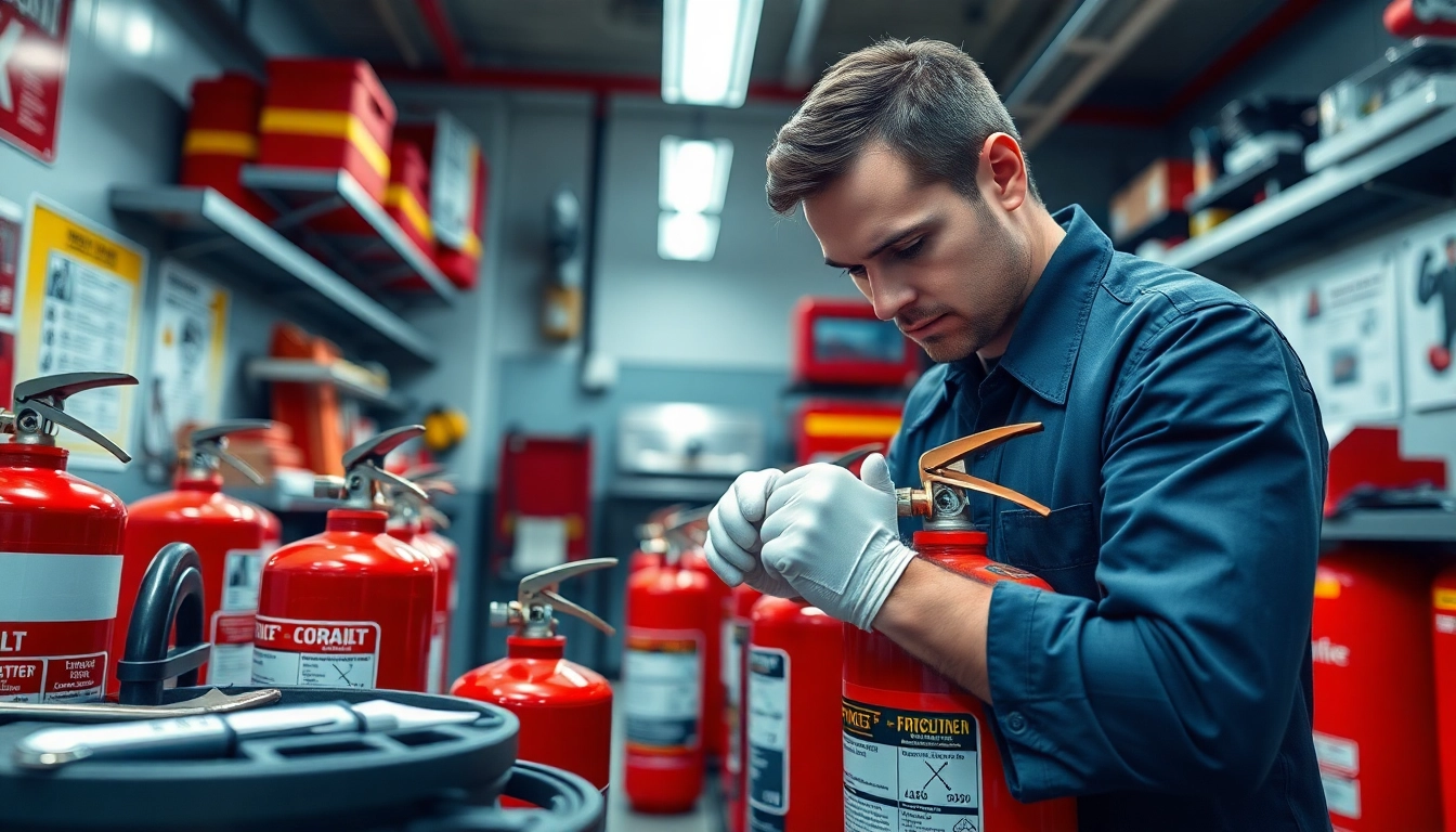Fire extinguisher servicing Birmingham with a technician conducting maintenance in a bright workshop.