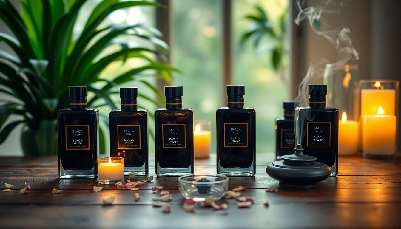 Vaporiser de parfum Black musk avec des flacons artistiques et élégants sur une table en bois.