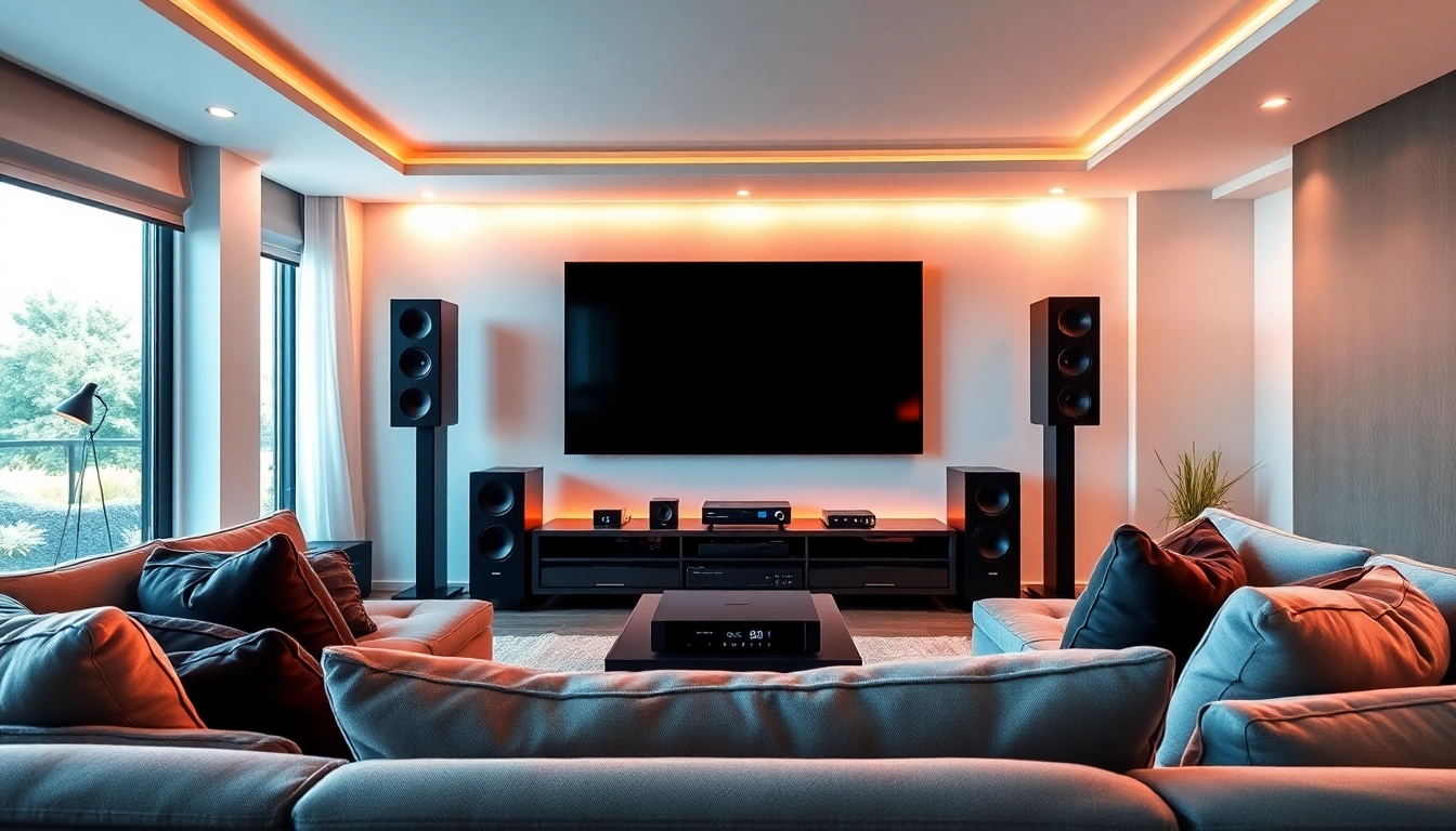 Experience premier home theater installation near me with a stunning living room setup showcasing audio-visual excellence.