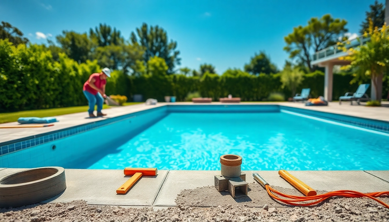 Skilled workers engaged in swimming pool installation in a sunny backyard.