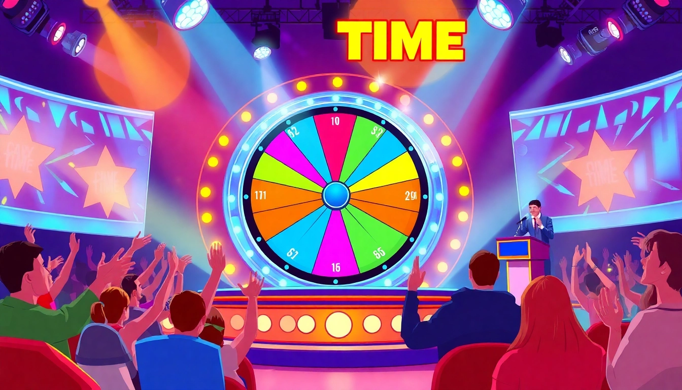 Experience the excitement of rtp crazy time with a live game show setting featuring a colorful wheel and interactive elements.