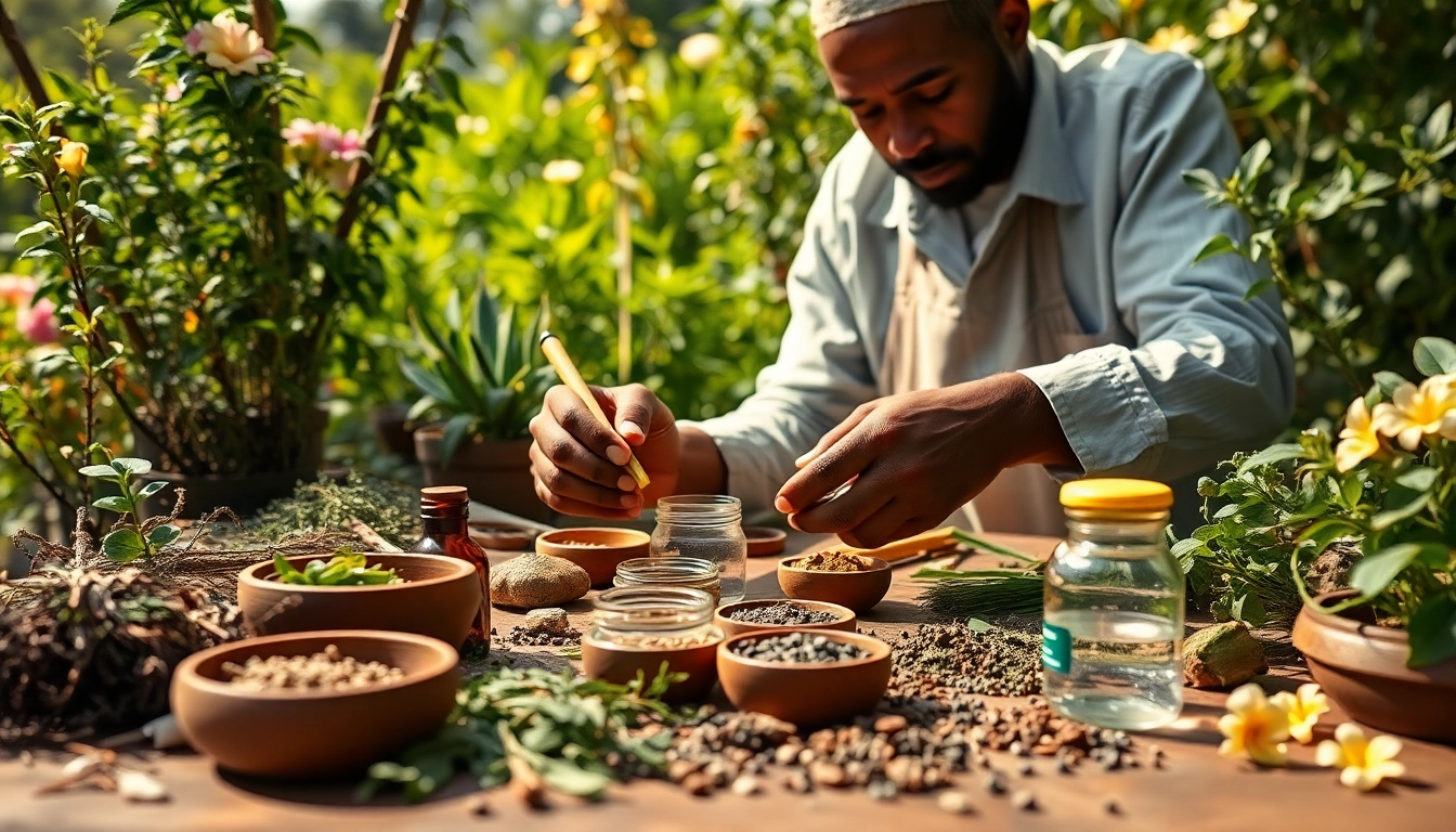 Prepare traditional remedies with louban dakar among vibrant herbs in a serene garden.