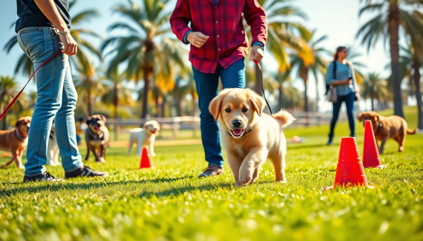 Enthusiastic dog training session in Irvine featuring a trainer and a golden retriever puppy.