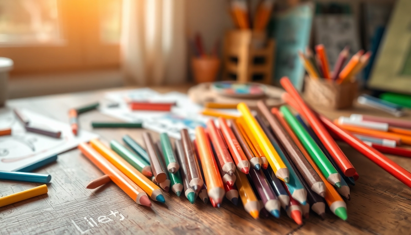Kids colouring pencils arranged playfully among drawings, inviting creativity and fun.