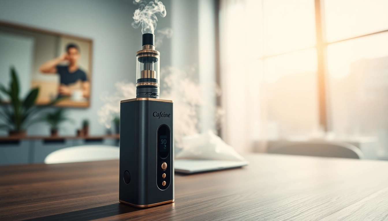 Experience caffeine vape with a stylish vape pen releasing aromatic clouds in a serene setting.