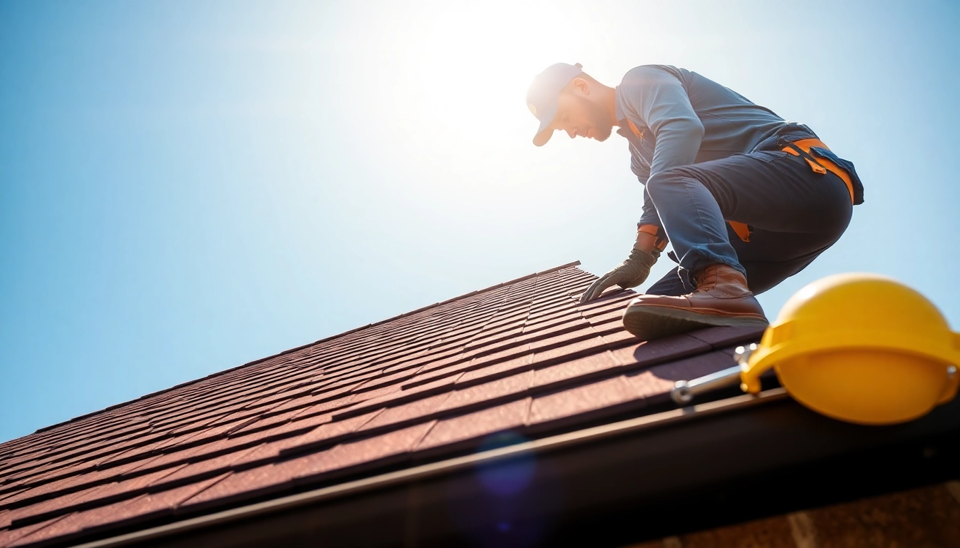 Roofer providing expert roofing services while installing shingles on a sunny day.