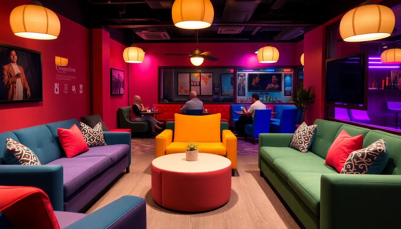 Engage in شات فله with colorful sofas and a cozy atmosphere designed for vibrant conversations.
