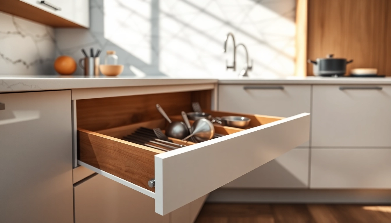 Explore the double wall drawer system featured in a luxurious kitchen setting with open drawers showcasing their design.