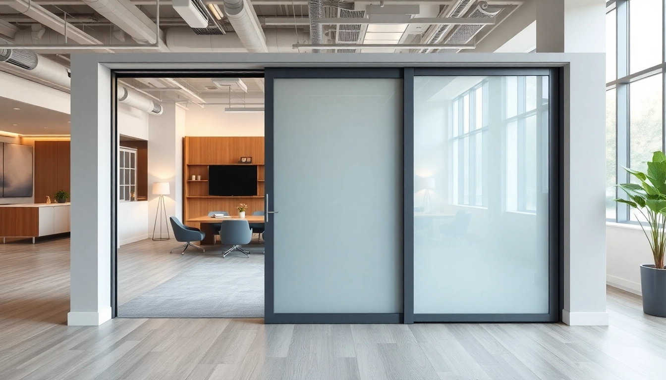 Showcasing a sliding partition wall in a contemporary office, enhancing workspace versatility.