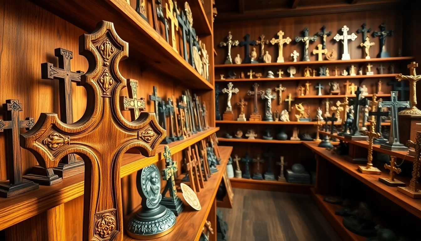 Display of Jerusalem crosses highlighting unique designs and craftsmanship in a warm setting.