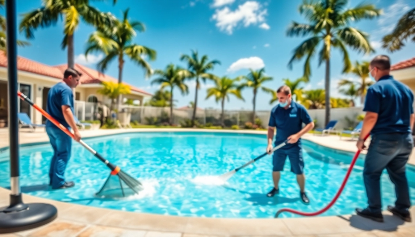 Expert team providing swimming pool service in Pinellas County at a stunning residential pool.