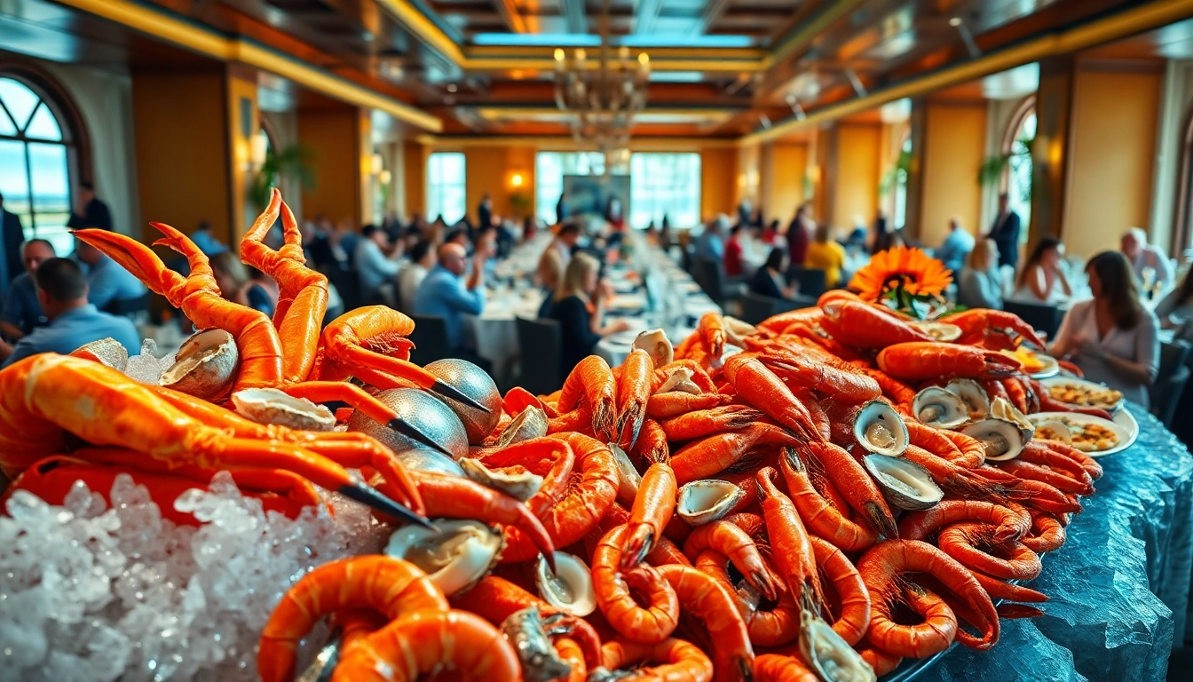Enjoy seafood buffets near me at a vibrant buffet table filled with fresh seafood.