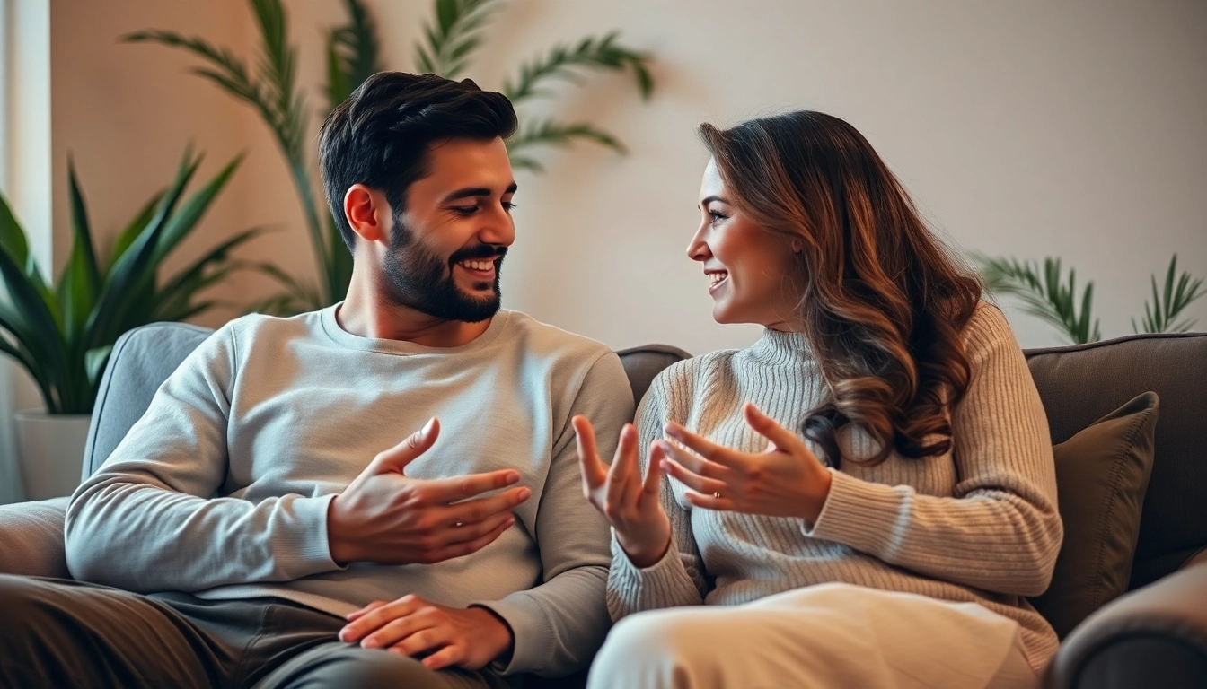 Couple practicing communication in relationships, engaged in an intimate conversation on a cozy sofa.