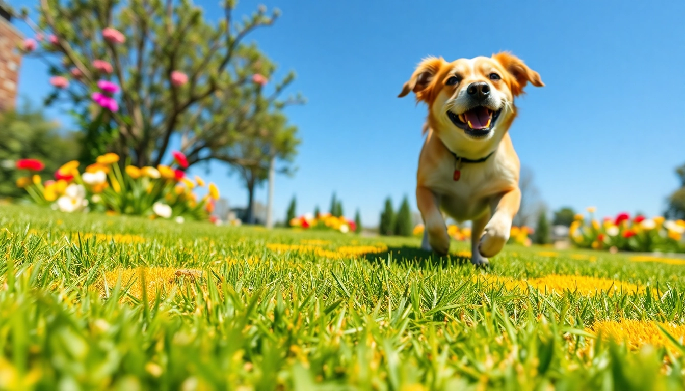 Picture showing vibrant lawn with dog pee smells bad stains and a joyful dog playing.
