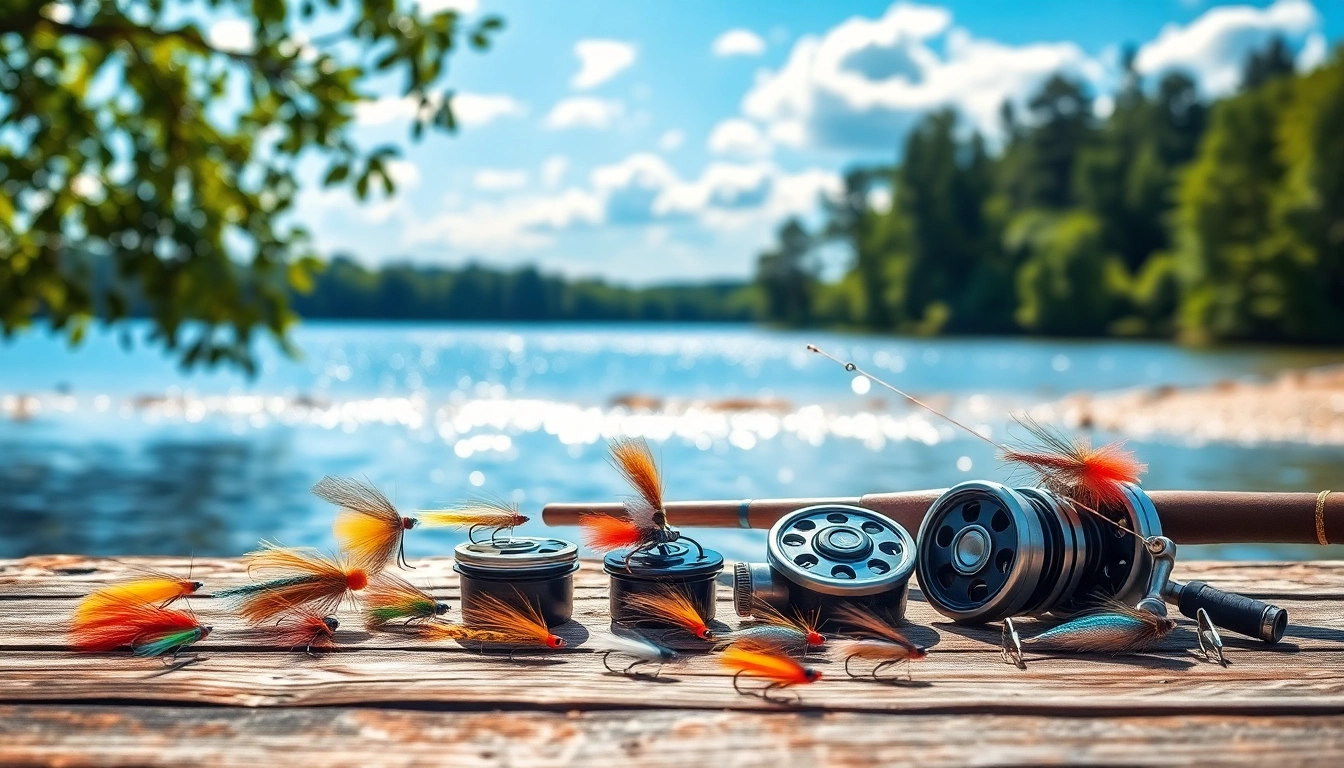 Showcasing fly fishing accessories on a wooden table by the lake, emphasizing vibrant lures, reels, and rods.