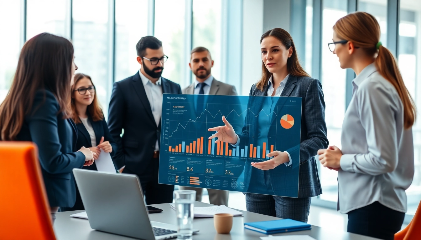 Analyze competitive intelligence strategies with a diverse team in a modern corporate setting.