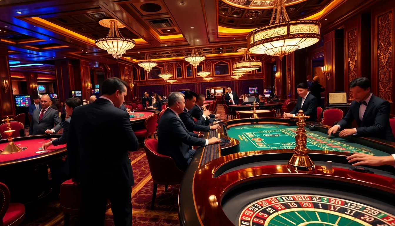 Engaging scene at TPower casino with players at baccarat and roulette tables in a luxurious casino environment.