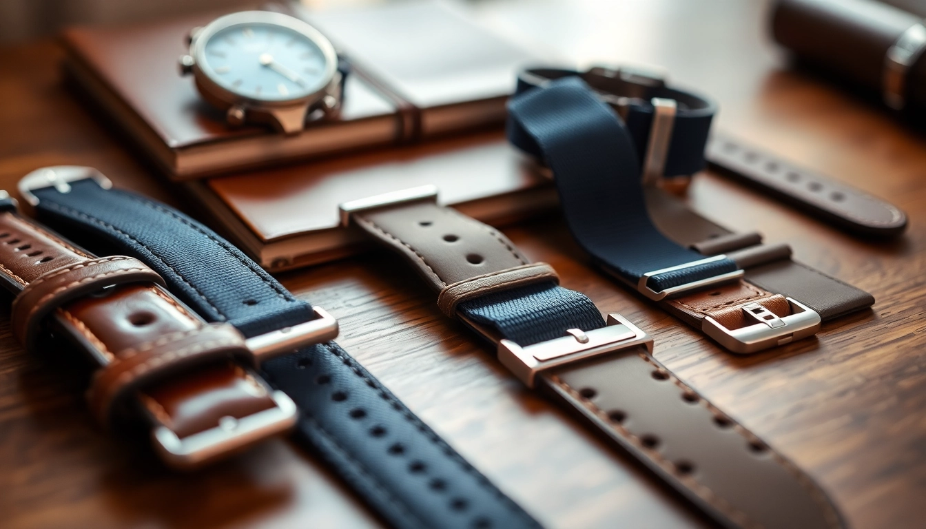 Shop high-quality uk watch straps showcasing diverse materials and styles on a wooden table.