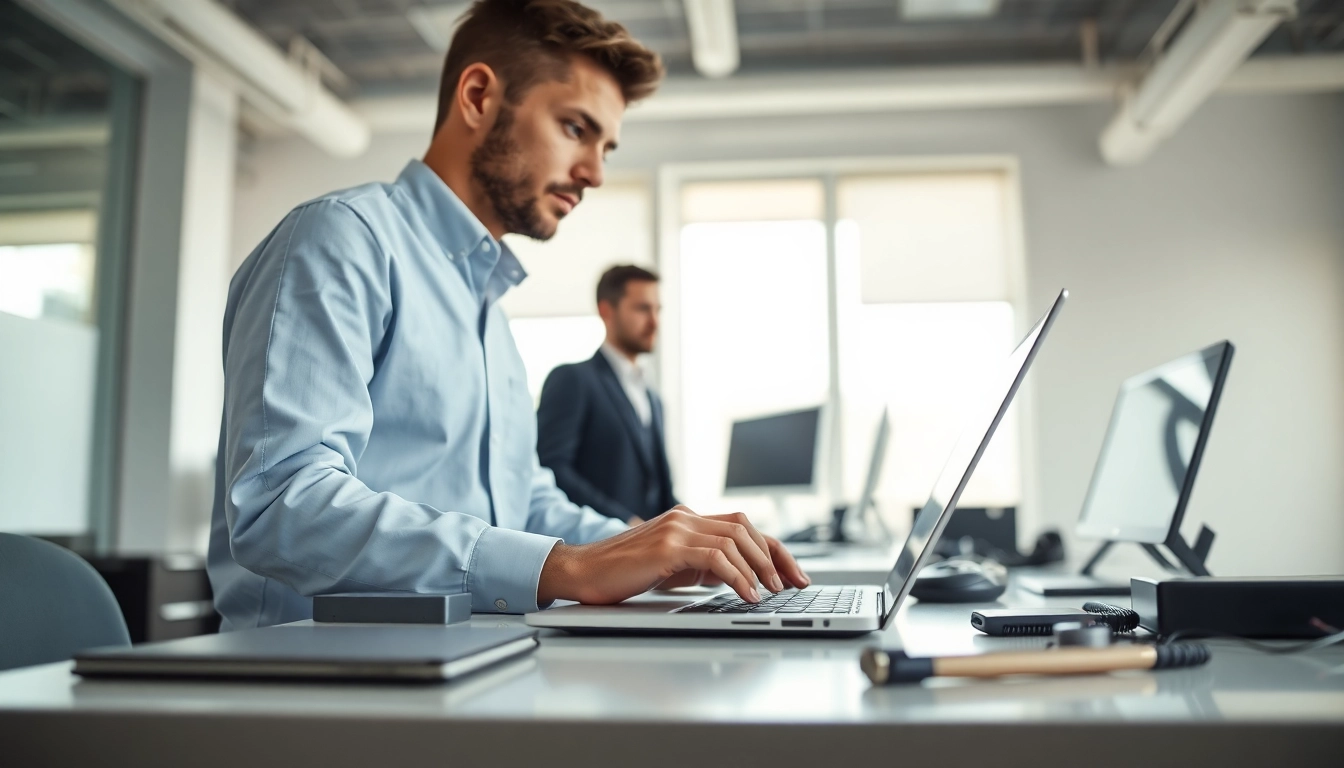 Delivering expert computer services with a technician fixing a laptop in a professional environment.