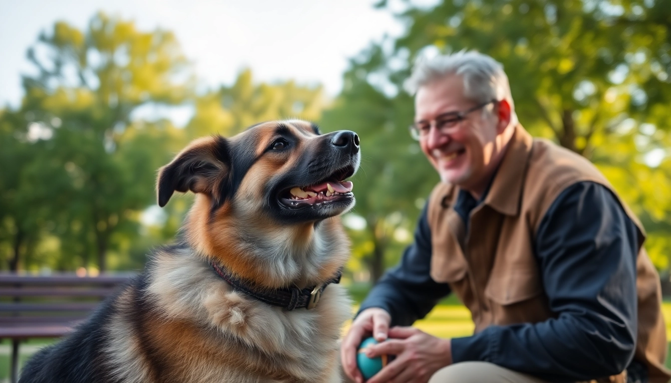 PTSD dog supporting a veteran in a tranquil park, highlighting their companionship.