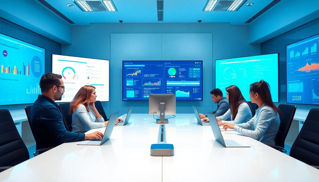 Engaging call center solutions team efficiently collaborating in a modern office.